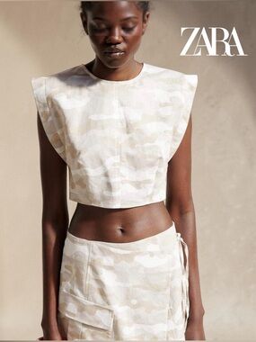 ZARA, Linen Blend Camo Crop Top, Beige, Size M, Shoulder Pad Sleeveless
